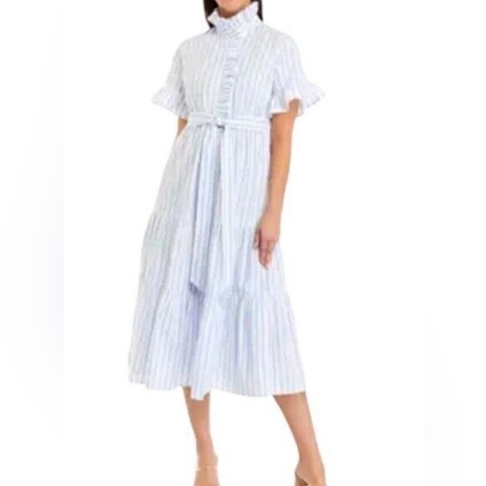 Crown & Ivy blue white stripped dress with ruffle and belt